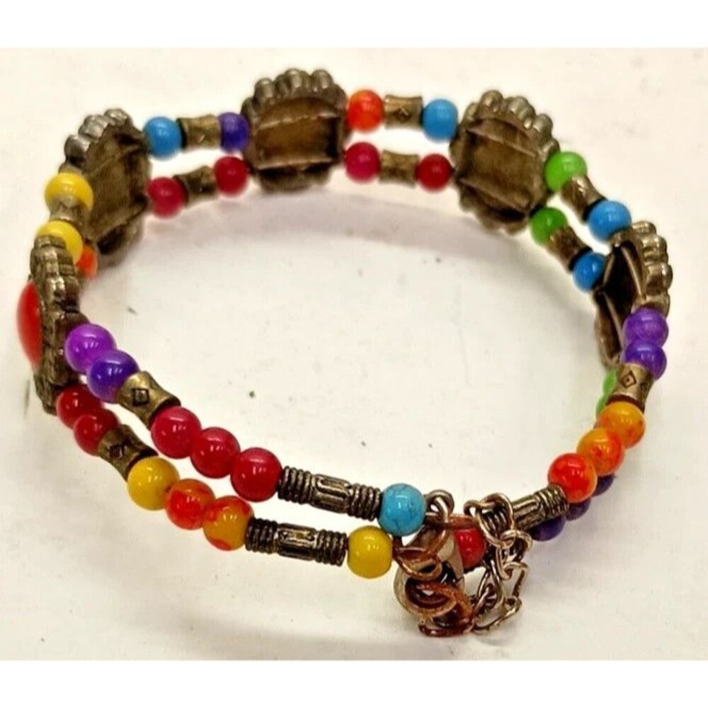 Multicolor Gemstone Beaded Bracelet Turquoise Red Brown Stones Gold Tone Boho